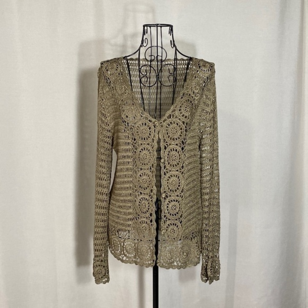 ICB Metallic Bronze Open Croché Button Down Cardigan